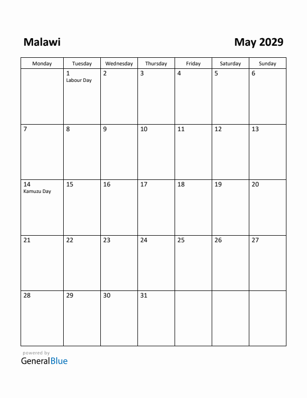 May 2029 Calendar with Malawi Holidays