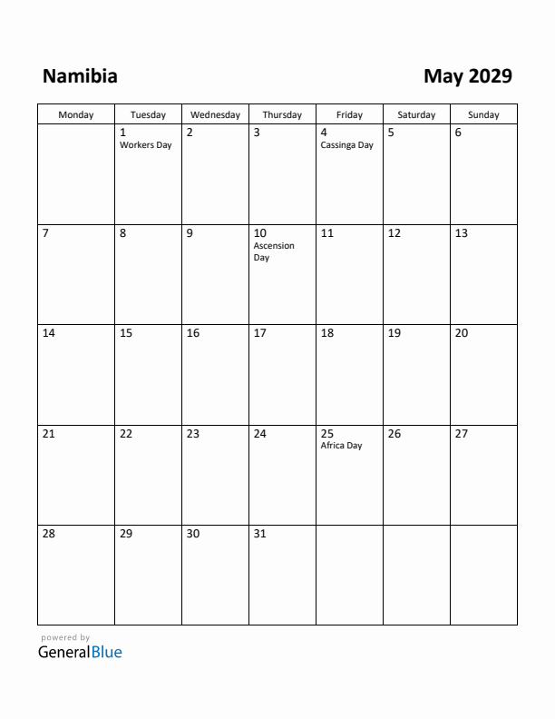 May 2029 Calendar with Namibia Holidays