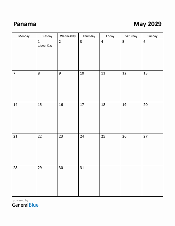 May 2029 Calendar with Panama Holidays