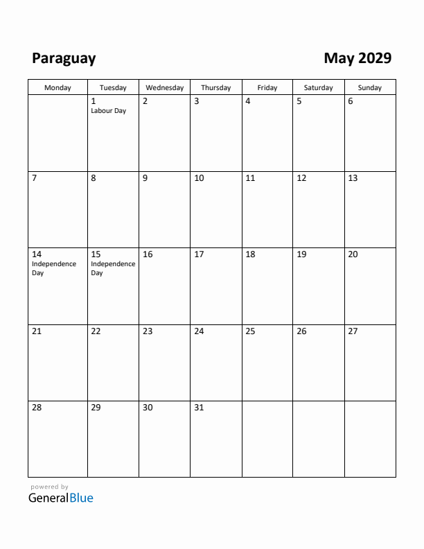 May 2029 Calendar with Paraguay Holidays