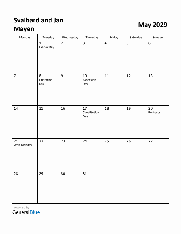 May 2029 Calendar with Svalbard and Jan Mayen Holidays