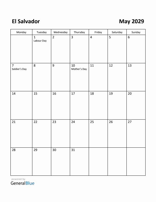 May 2029 Calendar with El Salvador Holidays