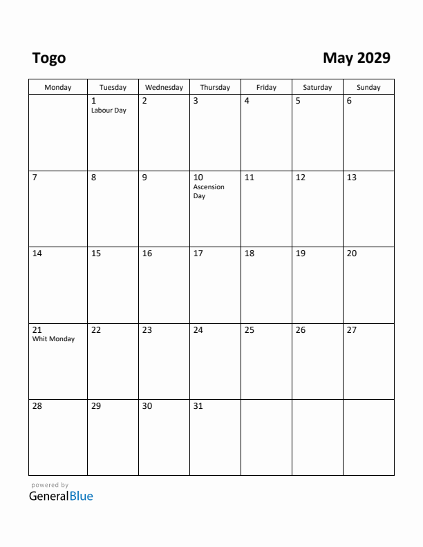 May 2029 Calendar with Togo Holidays
