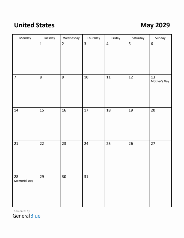 May 2029 Calendar with United States Holidays