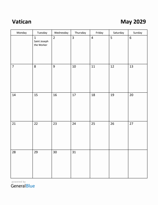 May 2029 Calendar with Vatican Holidays