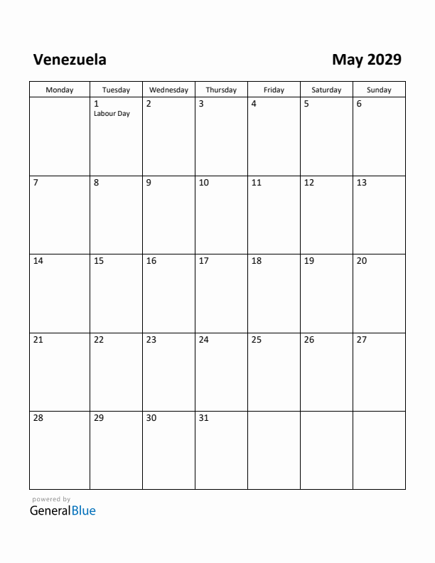 May 2029 Calendar with Venezuela Holidays