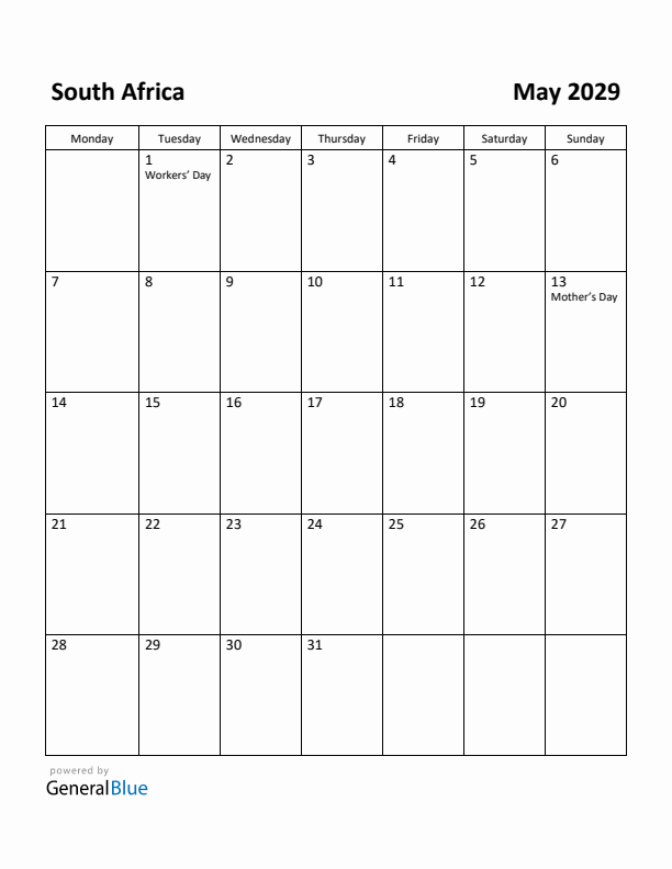 May 2029 Calendar with South Africa Holidays