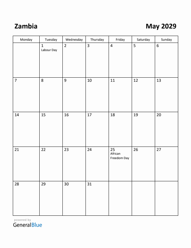 May 2029 Calendar with Zambia Holidays