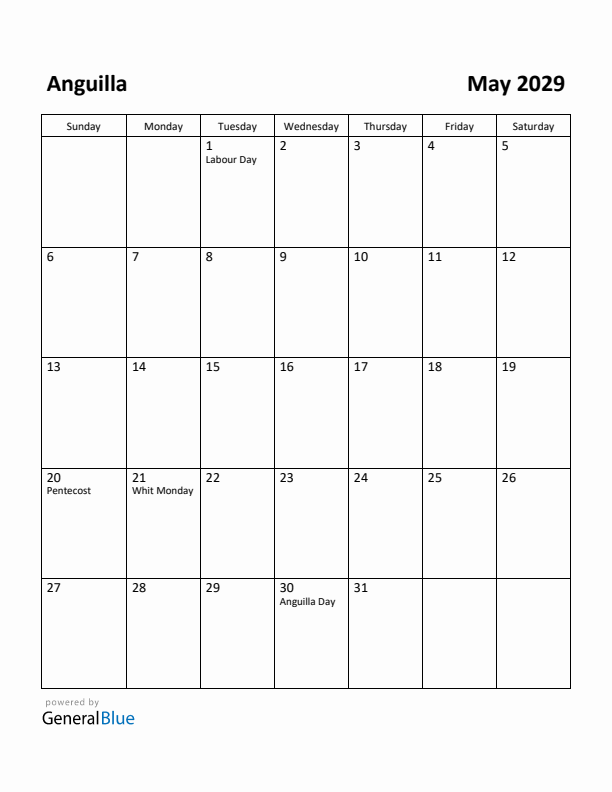 May 2029 Calendar with Anguilla Holidays