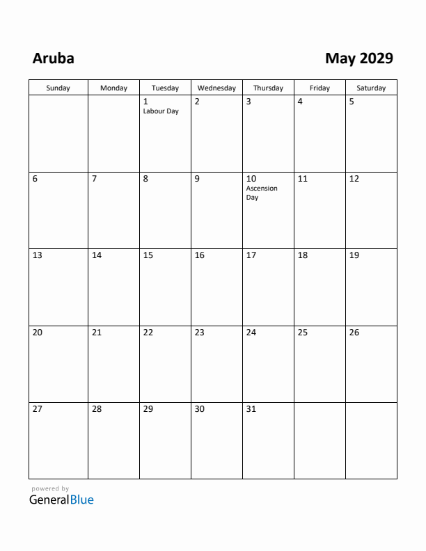 May 2029 Calendar with Aruba Holidays