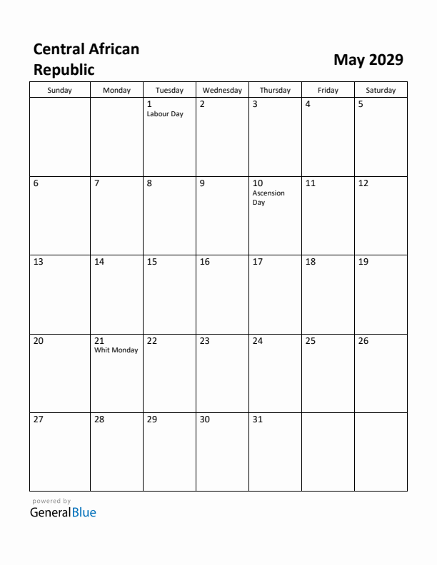 May 2029 Calendar with Central African Republic Holidays