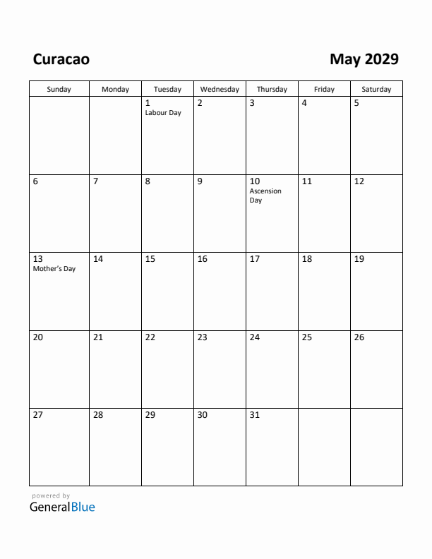 May 2029 Calendar with Curacao Holidays