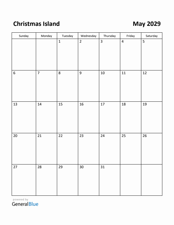 May 2029 Calendar with Christmas Island Holidays