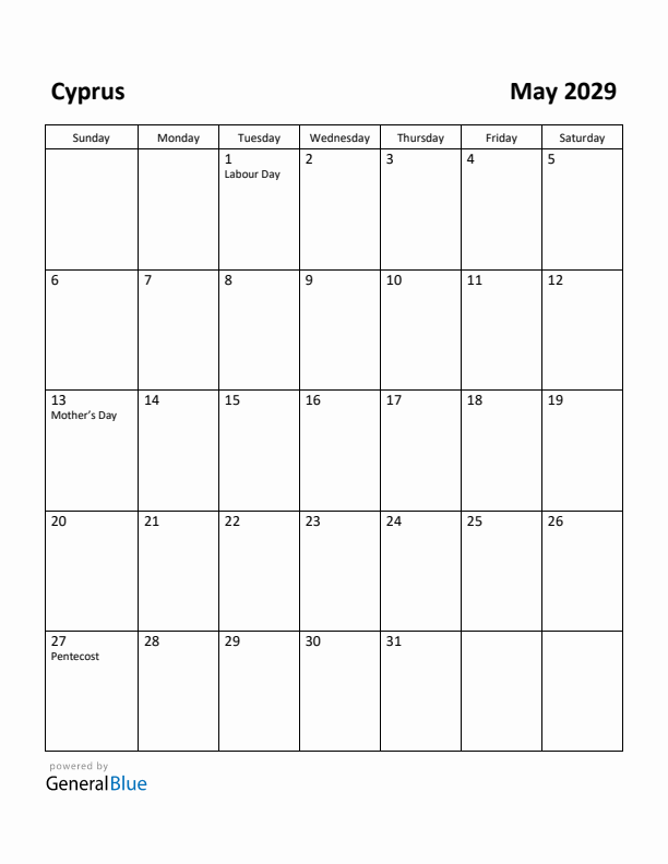 May 2029 Calendar with Cyprus Holidays