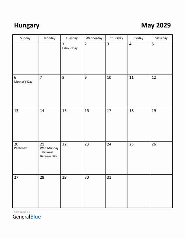 May 2029 Calendar with Hungary Holidays