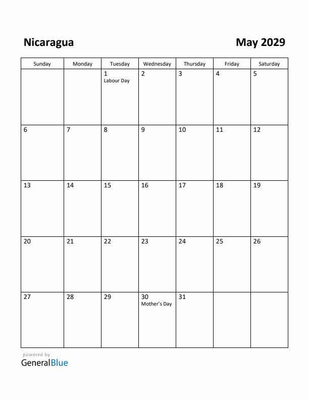 May 2029 Calendar with Nicaragua Holidays