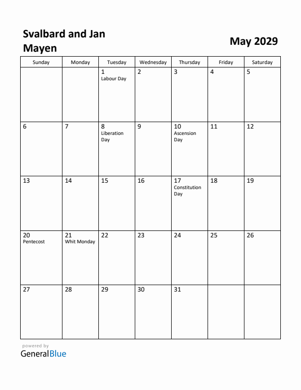 May 2029 Calendar with Svalbard and Jan Mayen Holidays