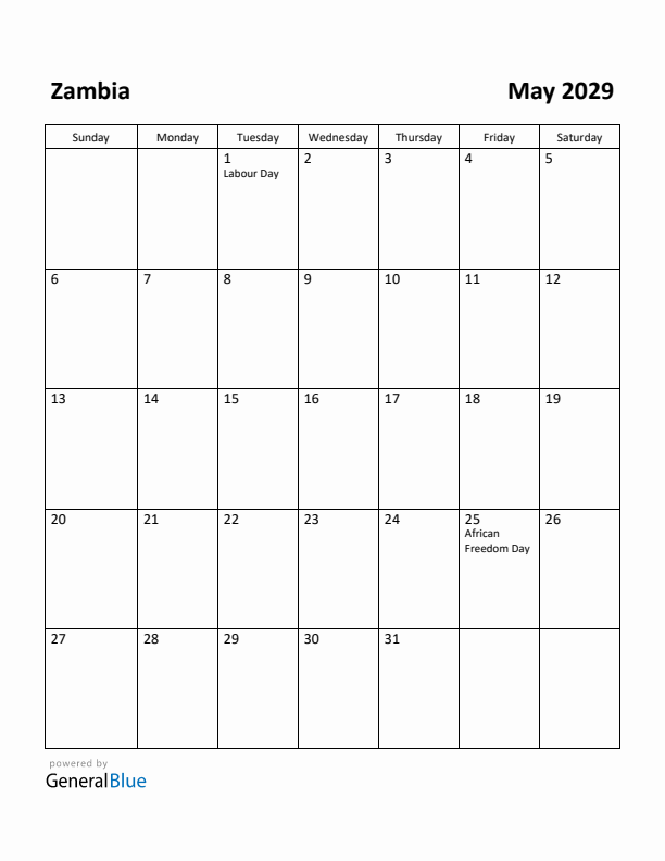 May 2029 Calendar with Zambia Holidays