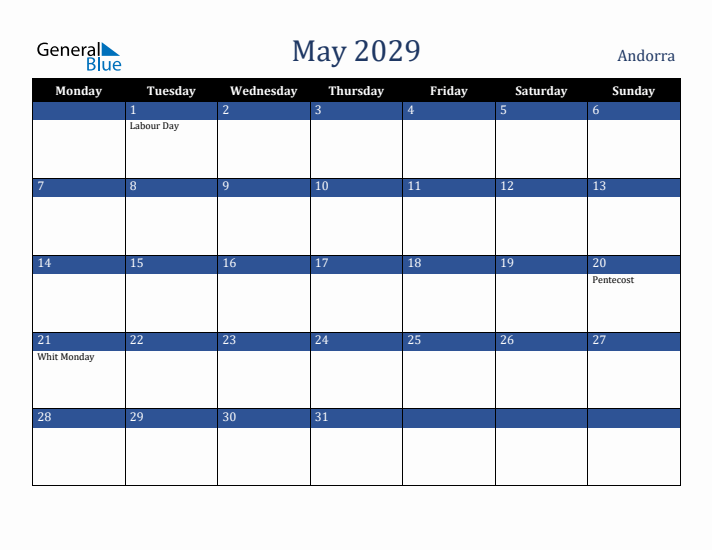May 2029 Andorra Calendar (Monday Start)