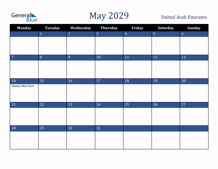 May 2029 United Arab Emirates Calendar (Monday Start)