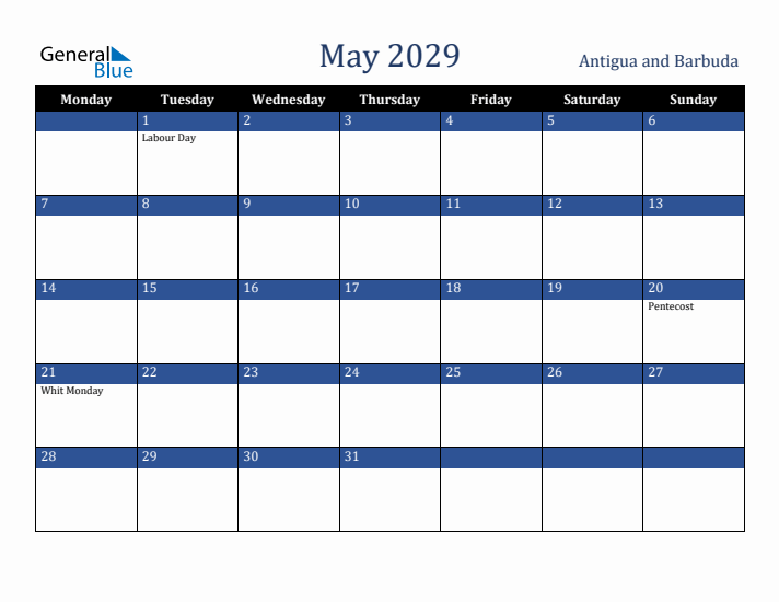 May 2029 Antigua and Barbuda Calendar (Monday Start)