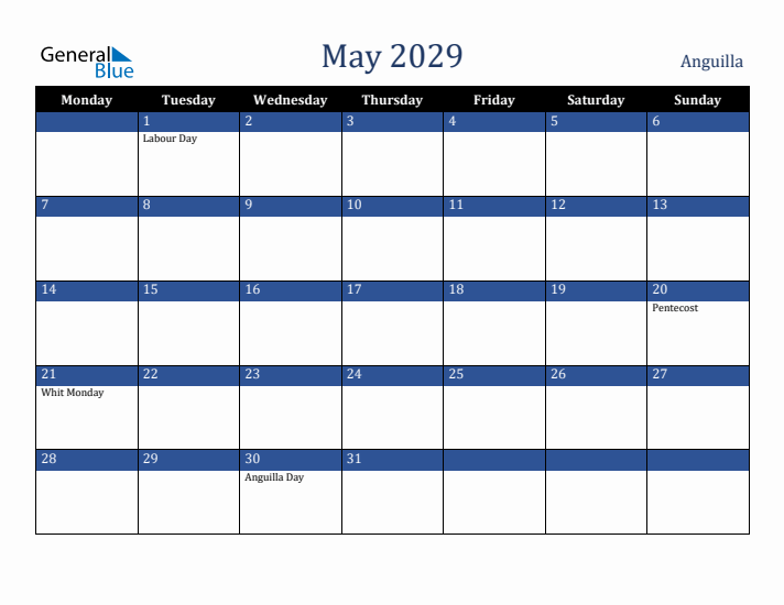 May 2029 Anguilla Calendar (Monday Start)