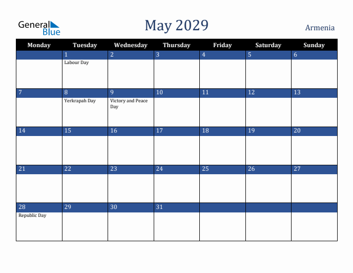 May 2029 Armenia Calendar (Monday Start)