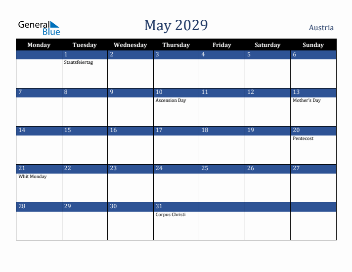 May 2029 Austria Calendar (Monday Start)