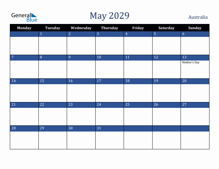 May 2029 Australia Calendar (Monday Start)