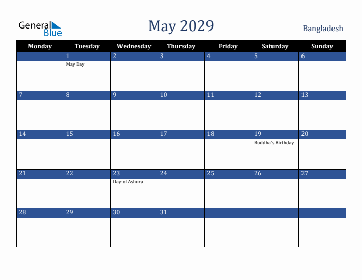 May 2029 Bangladesh Calendar (Monday Start)