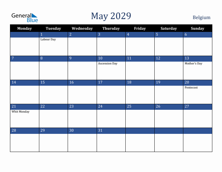 May 2029 Belgium Calendar (Monday Start)