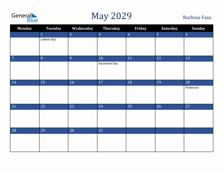 May 2029 Burkina Faso Calendar (Monday Start)
