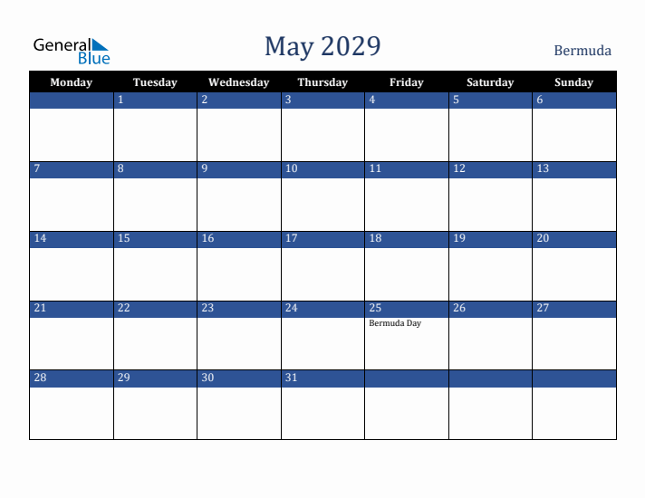 May 2029 Bermuda Calendar (Monday Start)