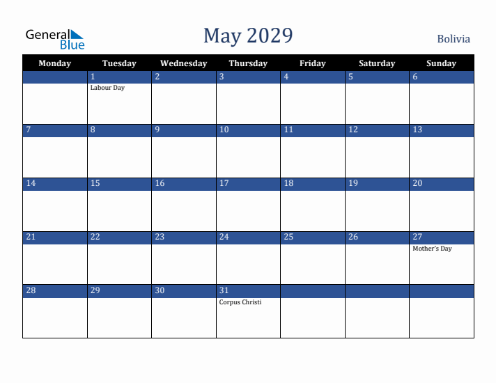May 2029 Bolivia Calendar (Monday Start)