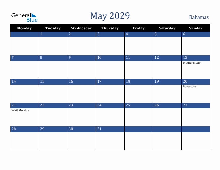 May 2029 Bahamas Calendar (Monday Start)