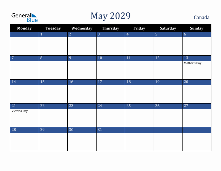 May 2029 Canada Calendar (Monday Start)