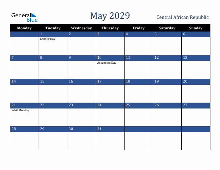 May 2029 Central African Republic Calendar (Monday Start)