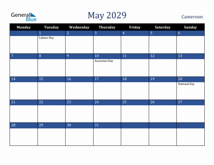 May 2029 Cameroon Calendar (Monday Start)