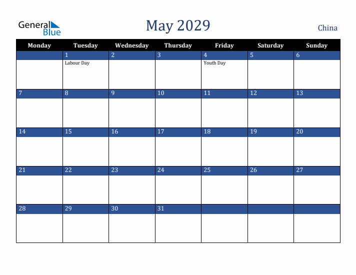 May 2029 China Calendar (Monday Start)