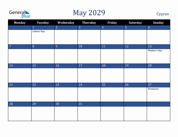 May 2029 Cyprus Calendar (Monday Start)