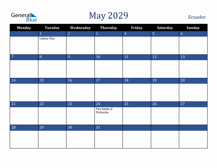 May 2029 Ecuador Calendar (Monday Start)