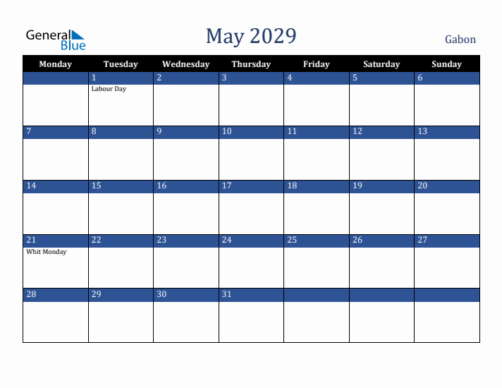 May 2029 Gabon Calendar (Monday Start)