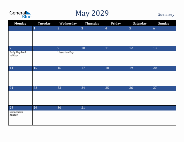 May 2029 Guernsey Calendar (Monday Start)