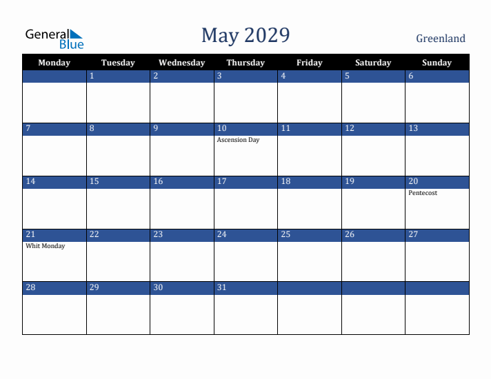 May 2029 Greenland Calendar (Monday Start)