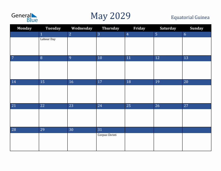May 2029 Equatorial Guinea Calendar (Monday Start)