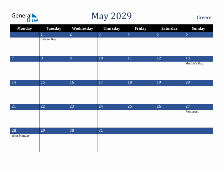 May 2029 Greece Calendar (Monday Start)