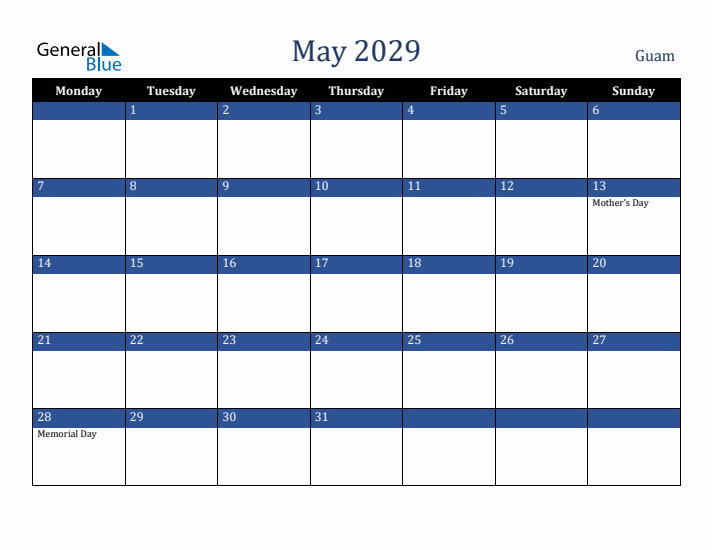 May 2029 Guam Calendar (Monday Start)