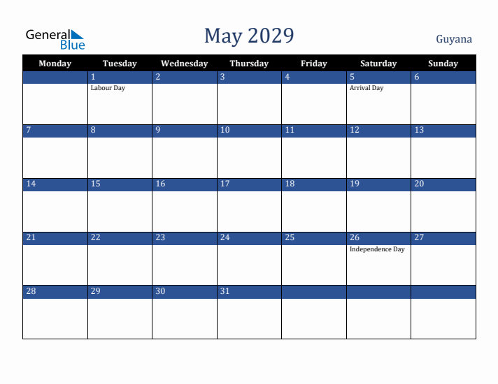 May 2029 Guyana Calendar (Monday Start)