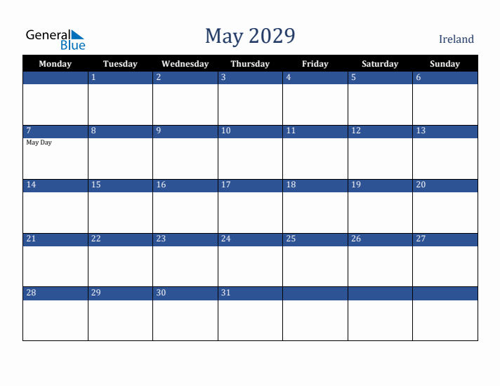 May 2029 Ireland Calendar (Monday Start)
