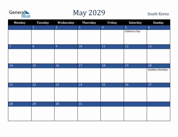 May 2029 South Korea Calendar (Monday Start)